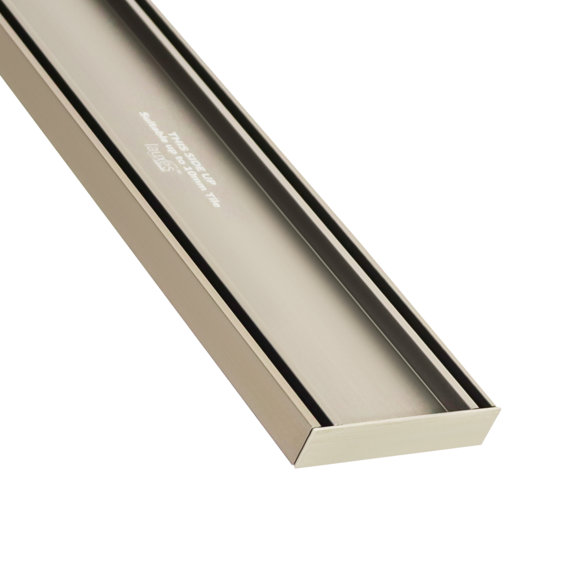 Brushed stainless steel linear shower drain by First Ultra Drain, sleek rectangular channel for modern bathrooms.