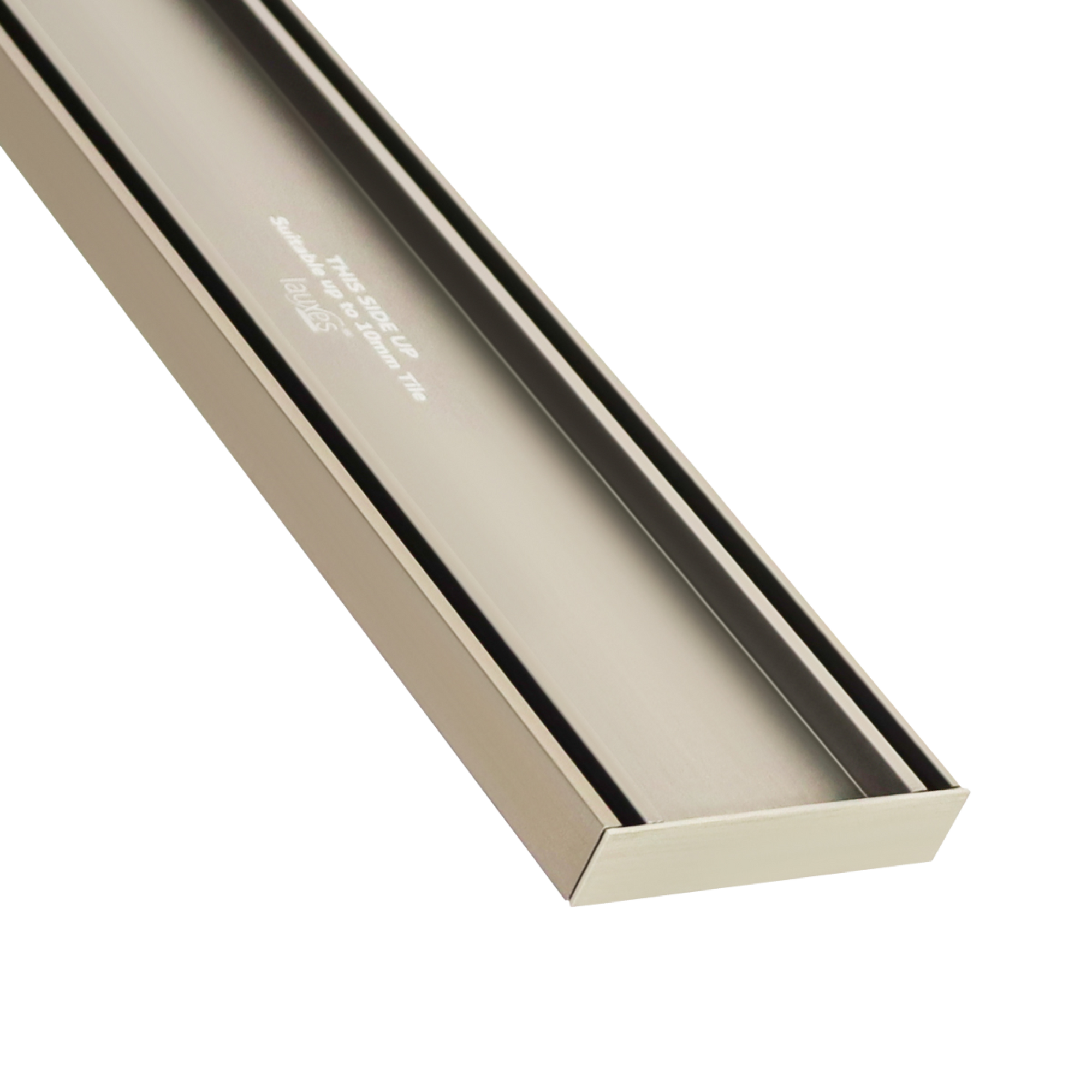 Brushed stainless steel linear shower drain by First Ultra Drain, sleek rectangular channel for modern bathrooms.