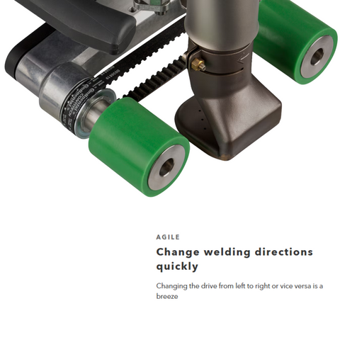 Reversible welding drive with green rollers, belt & handle for quick left-to-right direction changes