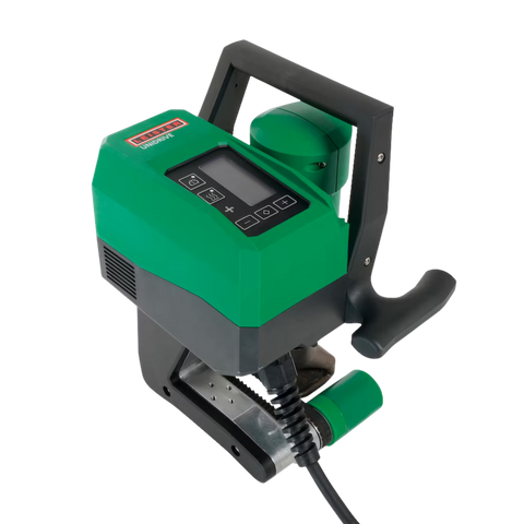 Leister green hot air gun with digital display, ergonomic handle, precision nozzle & power cord for plastic welding.