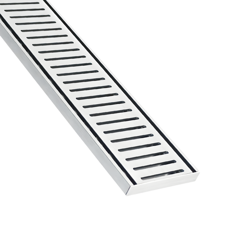 Stainless steel linear shower drain grate with sleek parallel slats for modern bathrooms.