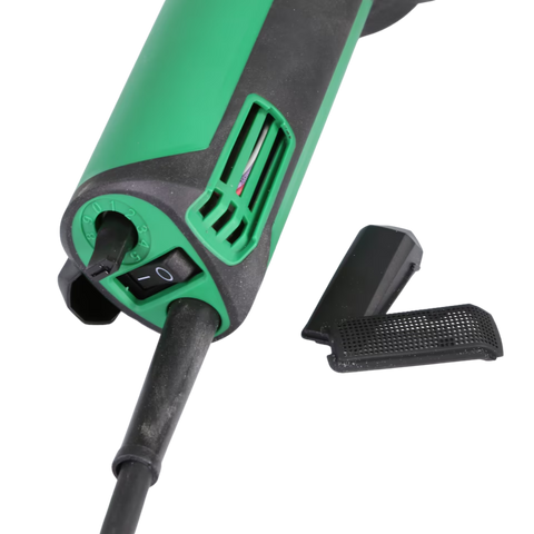 Green corded angle grinder power tool with black ergonomic grip, speed dial, vents, switch, and detachable side handle.