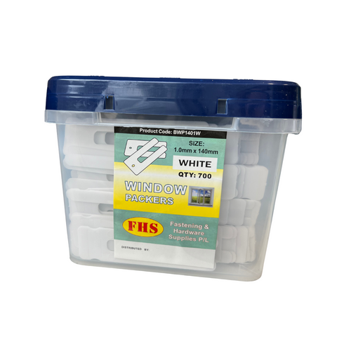 700 white 1.0mm x 40mm plastic window packers in blue tub, BPW140, qty 700 pack