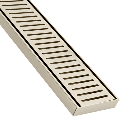 Brushed stainless steel linear shower drain grate with slotted bars for modern bathrooms.