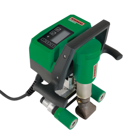 Leister green handheld extrusion welder with digital LCD display, ergonomic grip, nozzle, rod feeders & power cord