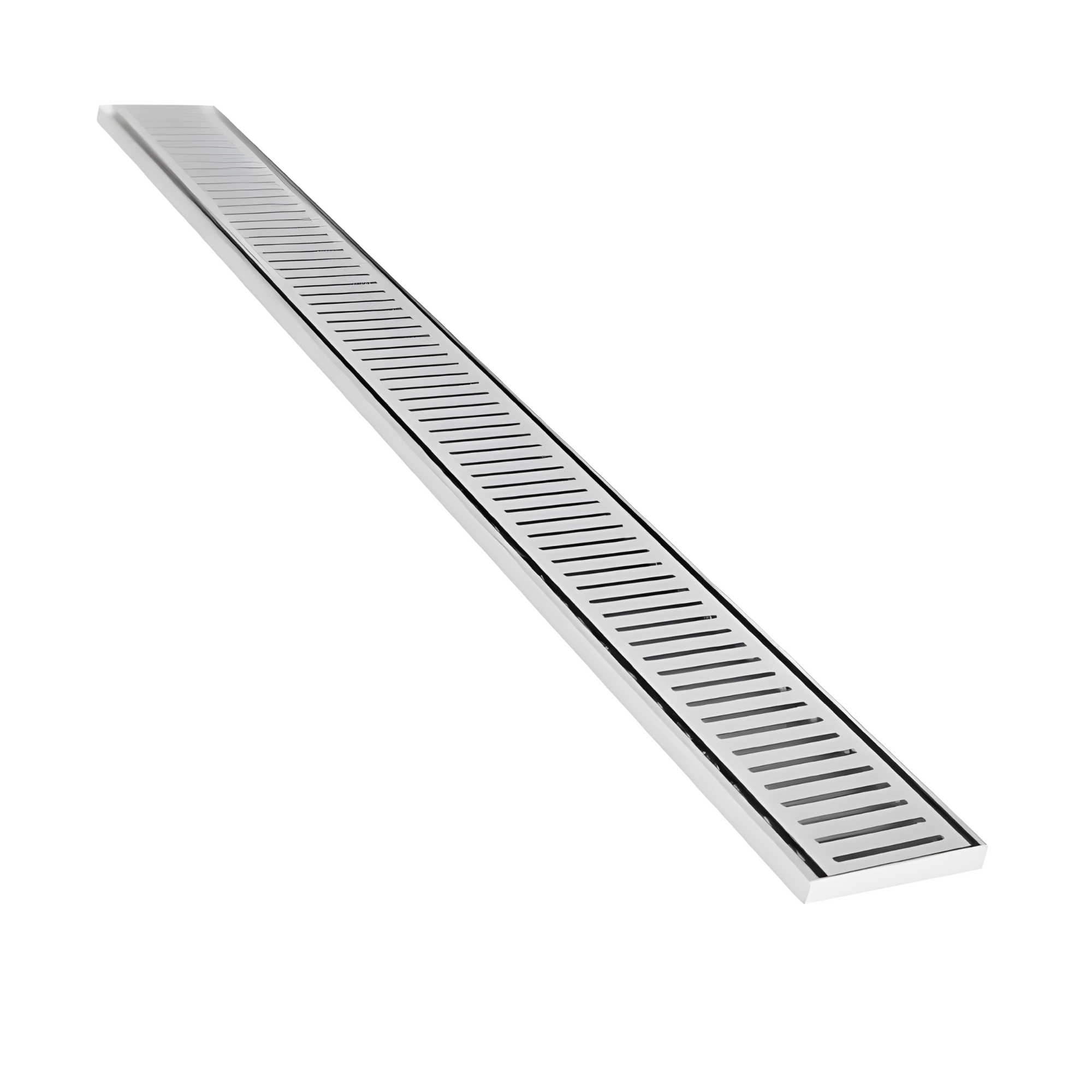 Stainless steel linear shower drain grate, sleek rectangular slatted design for modern bathrooms.