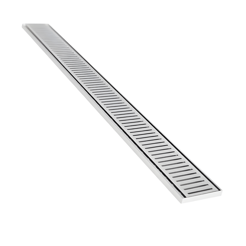 Stainless steel linear shower drain grate, sleek rectangular slatted design for modern bathrooms.