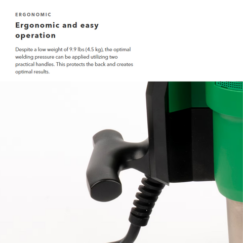 Ergonomic lightweight welding gun (9.4kg) with dual handles for optimal pressure, easy operation, and back protection.