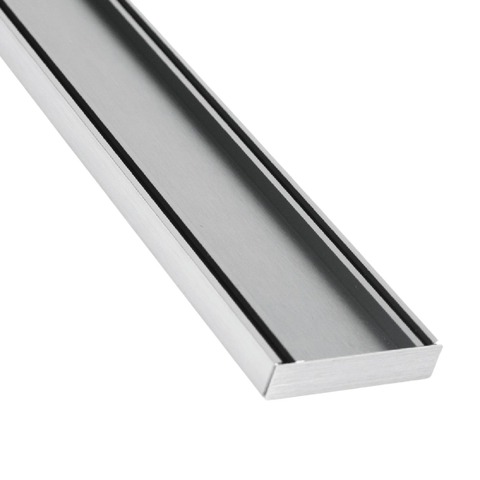 Stainless steel linear shower drain grate with narrow slots, sleek rectangular design for modern bathrooms.