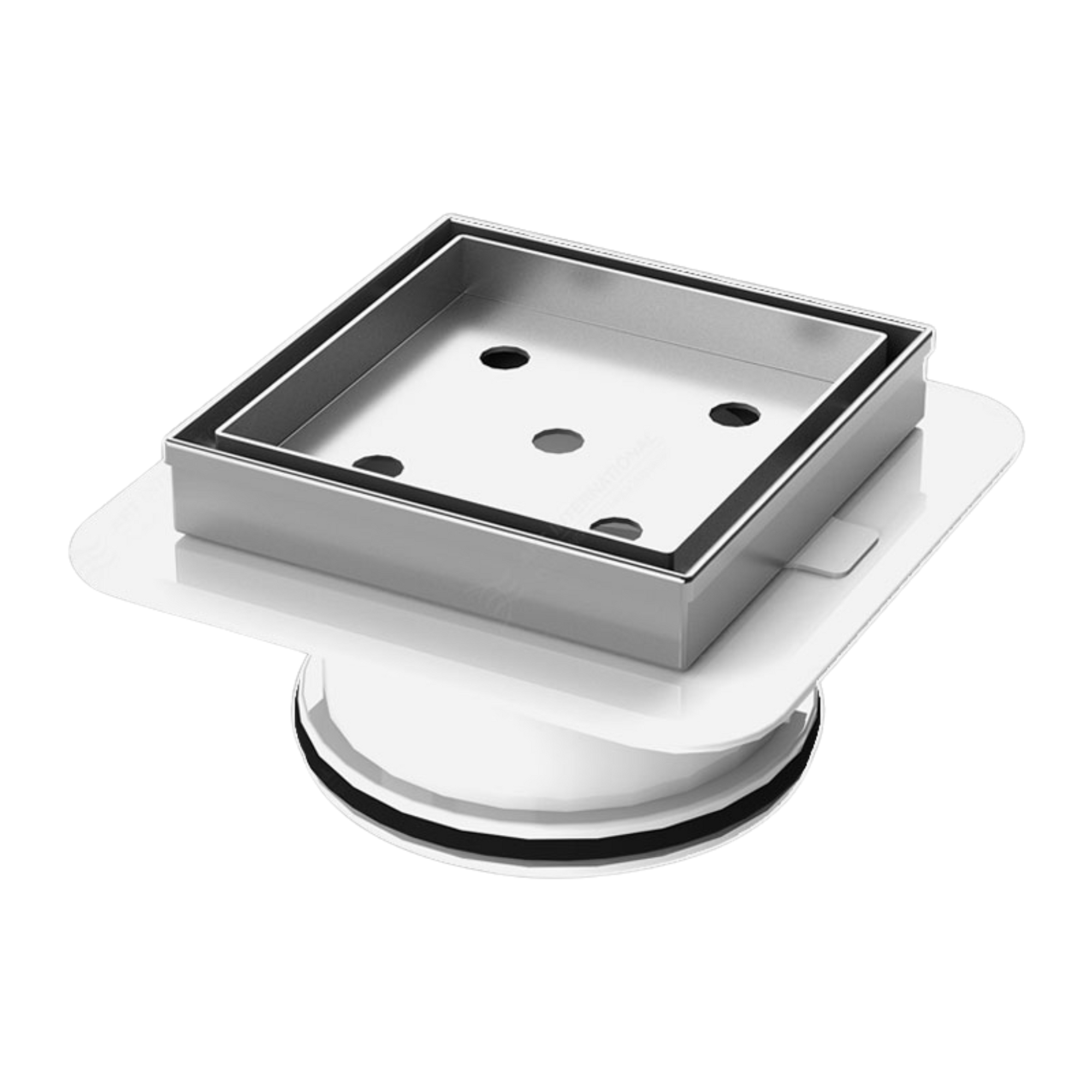 Polished 316 SS square tile insert with Megaflex base for watertight drainage in tiled waterproofing applications.
