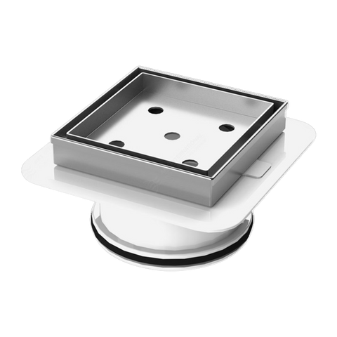 Polished 316 SS square tile insert with Megaflex base for watertight drainage in tiled waterproofing applications.