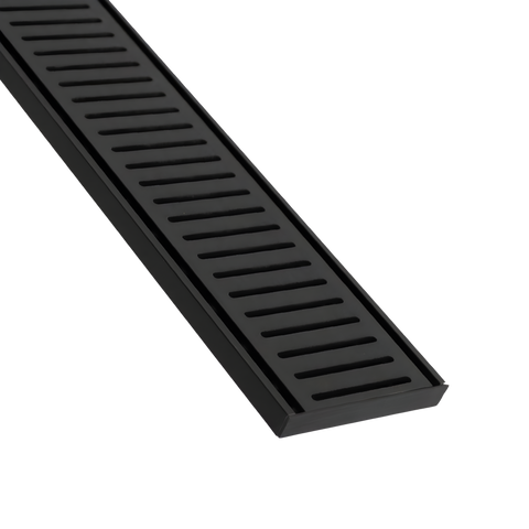 Black linear shower drain grate with parallel slats, modern matte finish for bathrooms