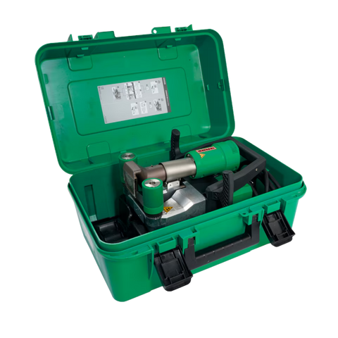 Portable battery-powered electrofusion pipe welder kit in green carrying case with fusion clamp and accessories.