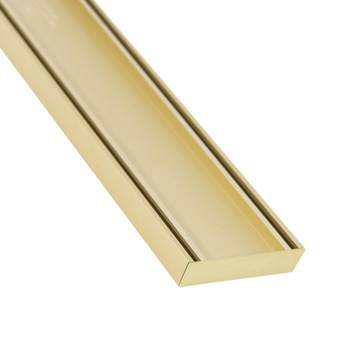 Shiny gold anodized aluminum U-channel profile bar, extruded metal rail for LED lighting and shelving.