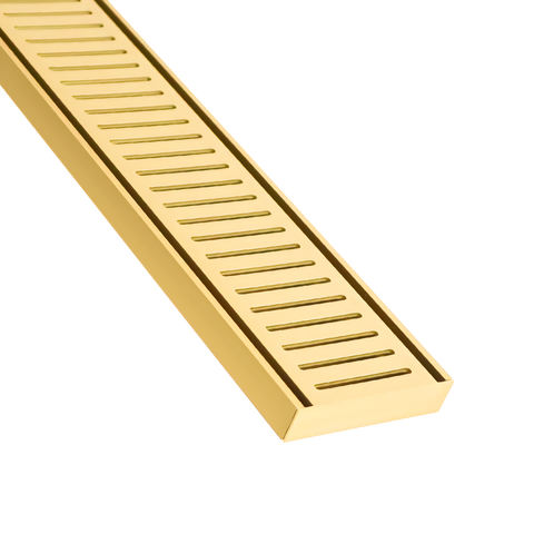 Gold linear shower drain grate with slatted bars, sleek rectangular design for modern bathrooms.