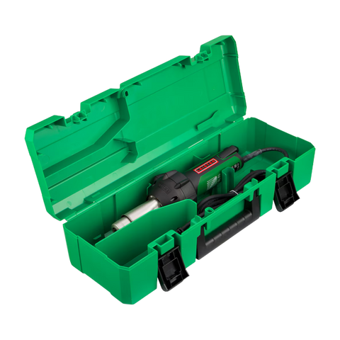 Bosch professional heat gun with nozzle in open green plastic carrying case