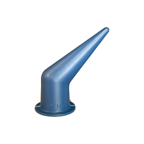 Blue 45° angled 38mm sausage gun nozzle for precision joint sealing in overhead gaps and tight access areas.