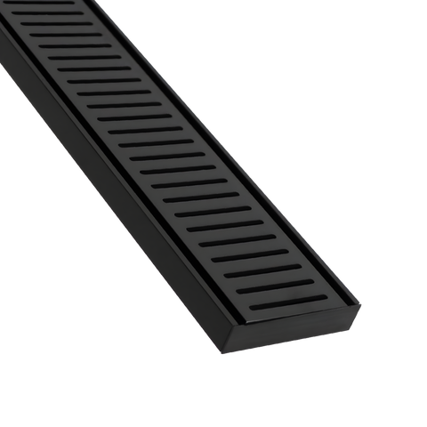 Sleek matte black linear shower drain with narrow parallel slats, modern bathroom floor grate