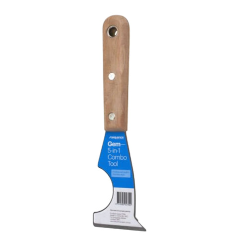 5-in-1 stainless combo tool with hardwood handle, rustproof blade for scraping sealant, spreading adhesive, caulking prep.