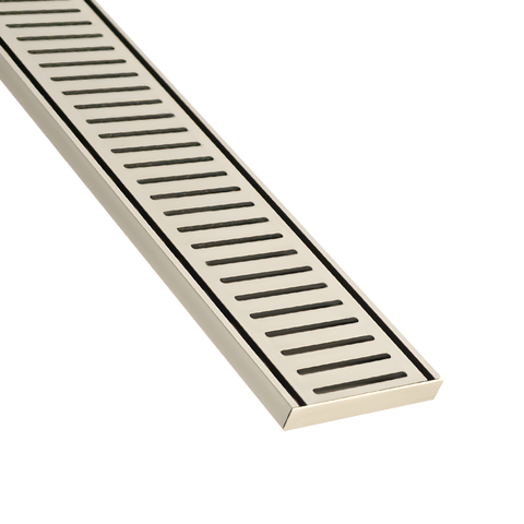 Stainless steel linear shower drain grate with sleek parallel slats, modern bathroom floor drain design.