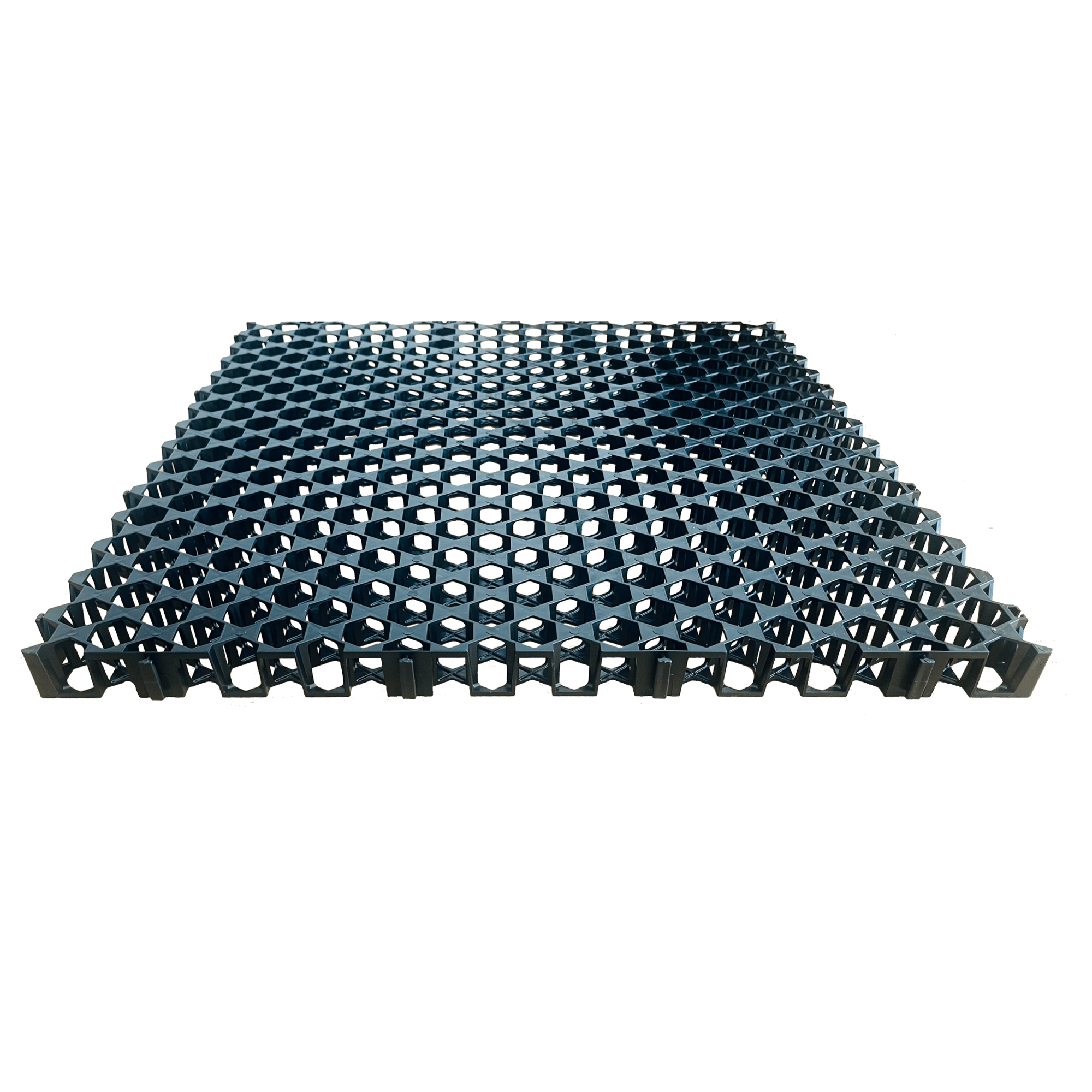 Blue hexagonal plastic grid paver tile for grass reinforcement, permeable driveways, and landscaping.