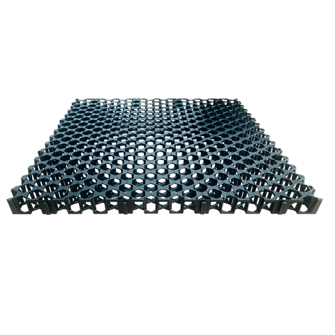 Blue hexagonal plastic grid paver tile for grass reinforcement, permeable driveways, and landscaping.
