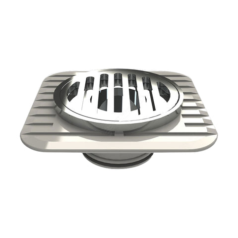 Stainless steel square shower drain grate with slotted circular center, modern chrome finish for bathrooms