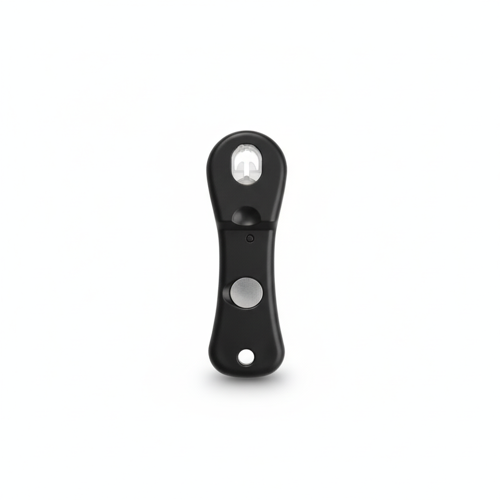 Black fingerprint key fob with biometric scanner, buttons, and keyring hole for secure smart access