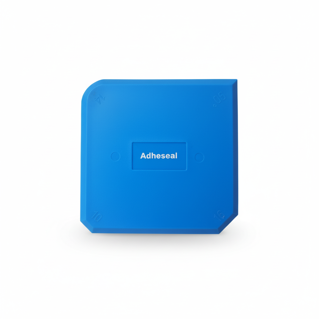 Blue Adheseal notched trowel for silicone sealant, square ergonomic tool with rounded corners