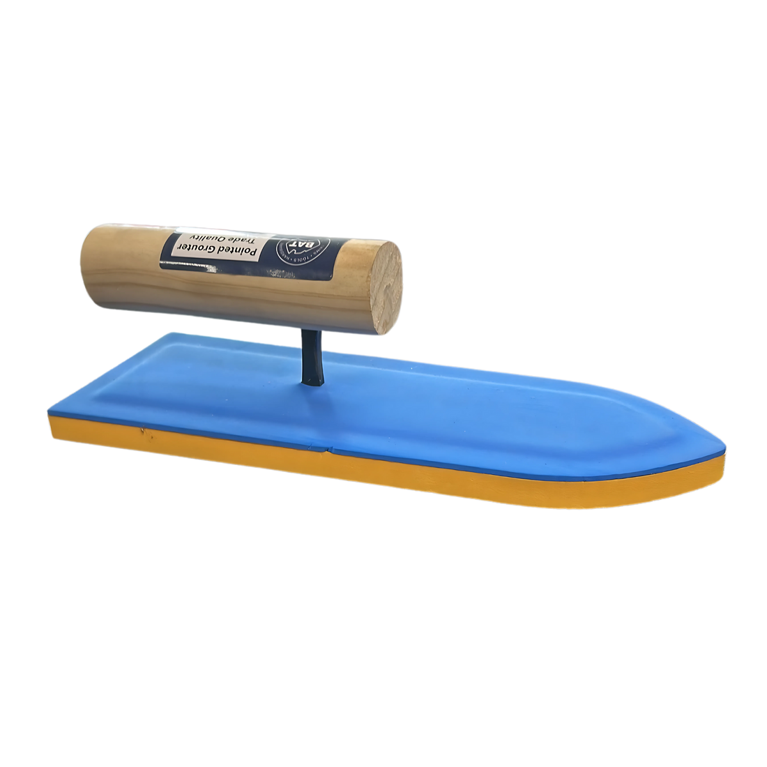 Golden blue foam plastering trowel with orange edge and ergonomic wooden handle