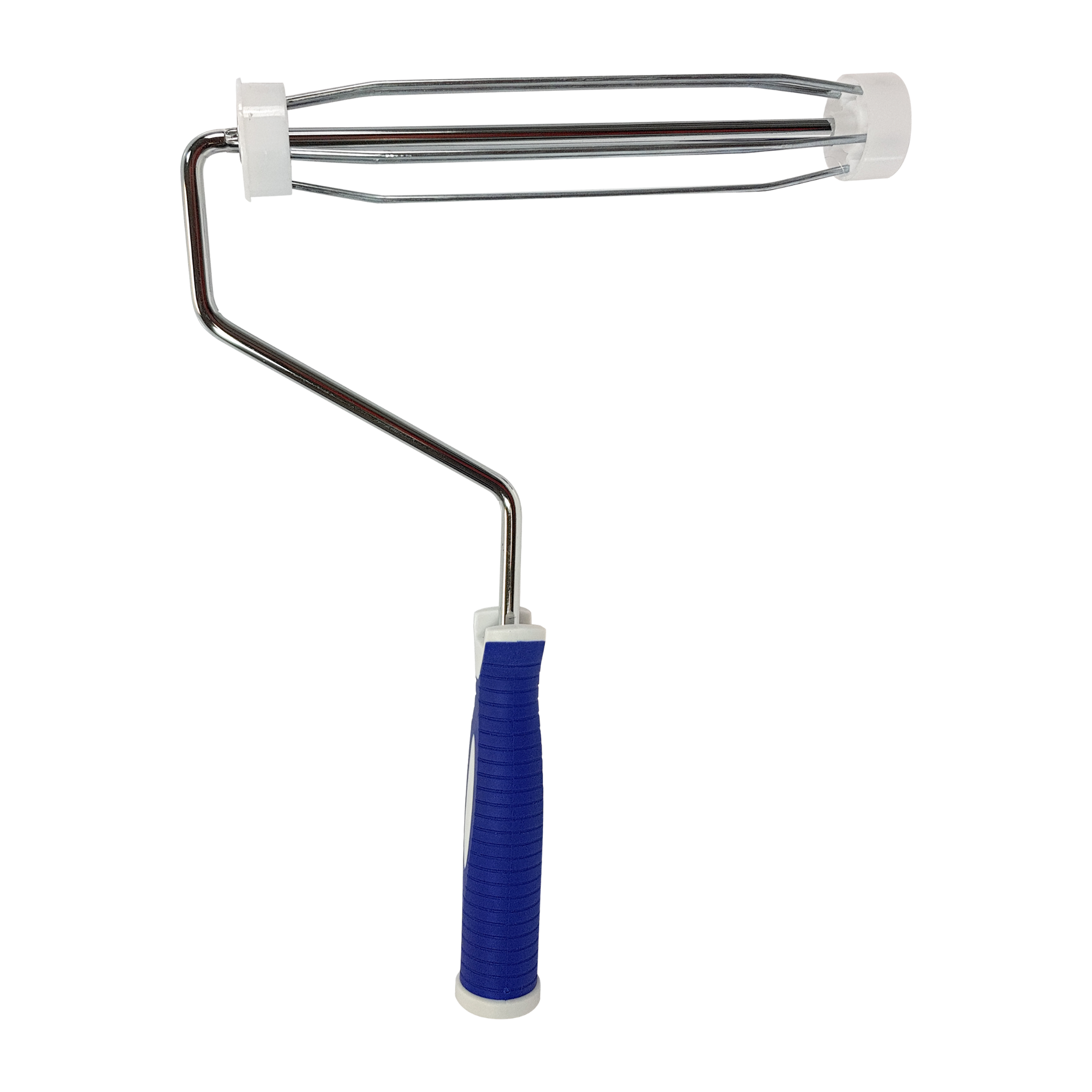 Professional paint roller with blue ergonomic grip handle, white roller cover, and durable metal cage frame for smooth app...