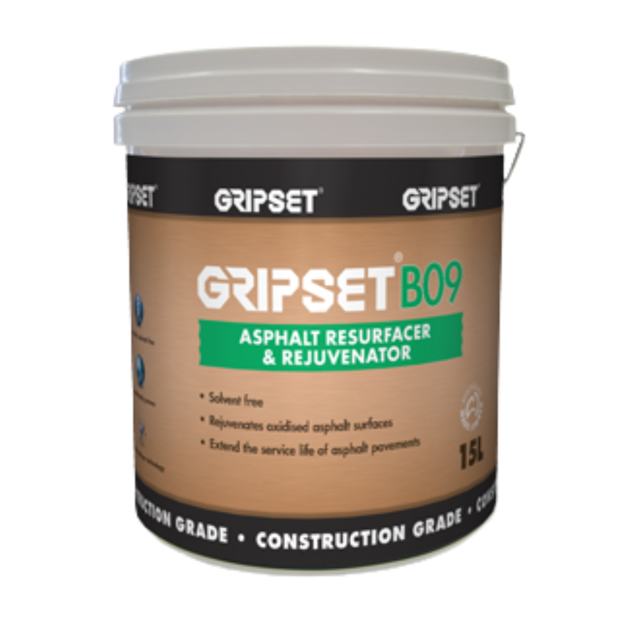GripSet B09 15L Asphalt Resurfacer & Rejuvenator bucket for oxidized surfaces, extends pavement life.