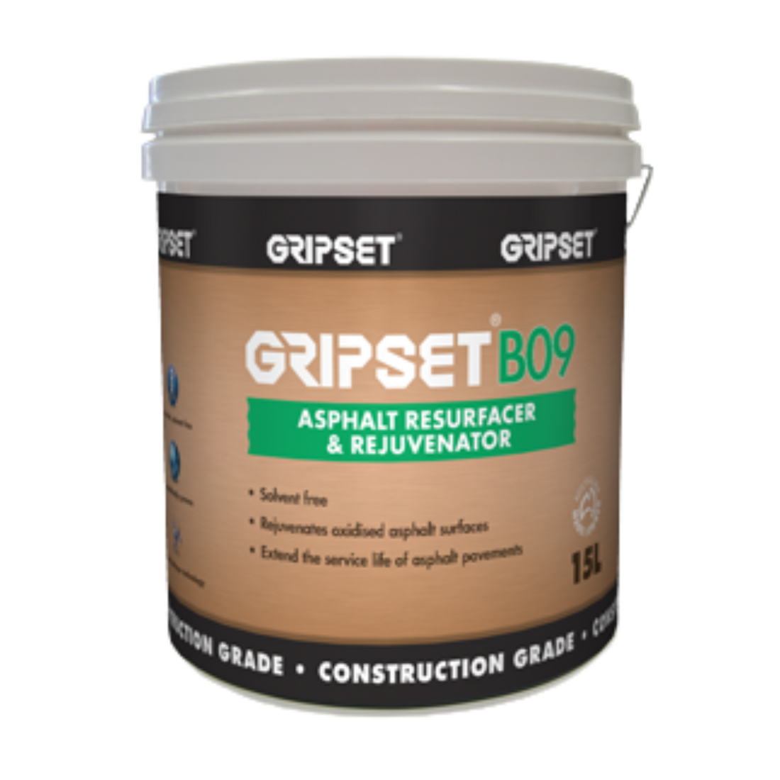 GripSet B09 15L Asphalt Resurfacer & Rejuvenator bucket for oxidized surfaces, extends pavement life.