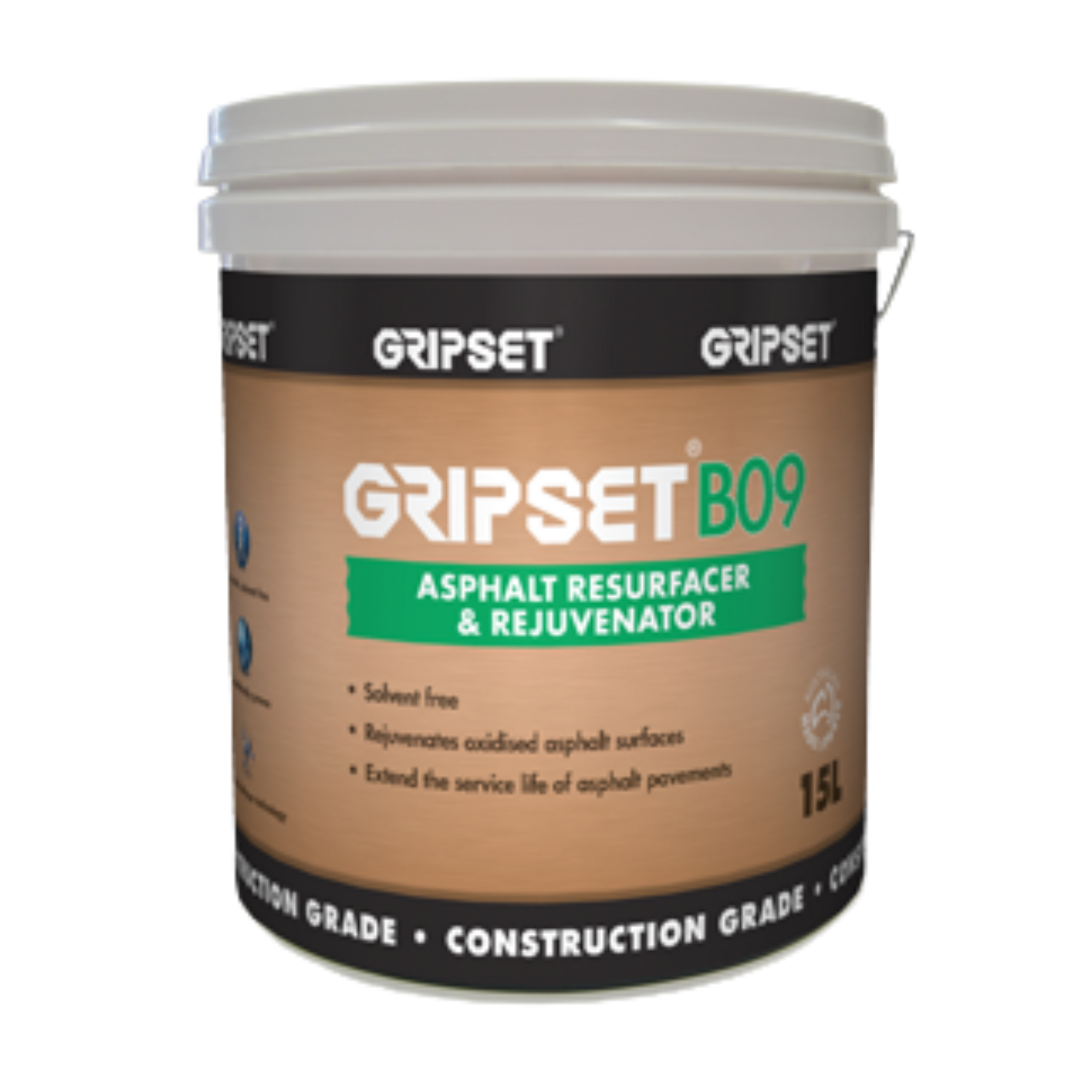 GripSet B09 15L Asphalt Resurfacer & Rejuvenator bucket for oxidized surfaces, extends pavement life.