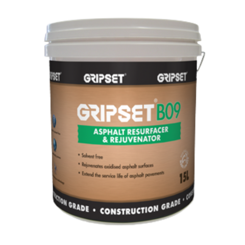 GripSet B09 15L Asphalt Resurfacer & Rejuvenator bucket for oxidized surfaces, extends pavement life.