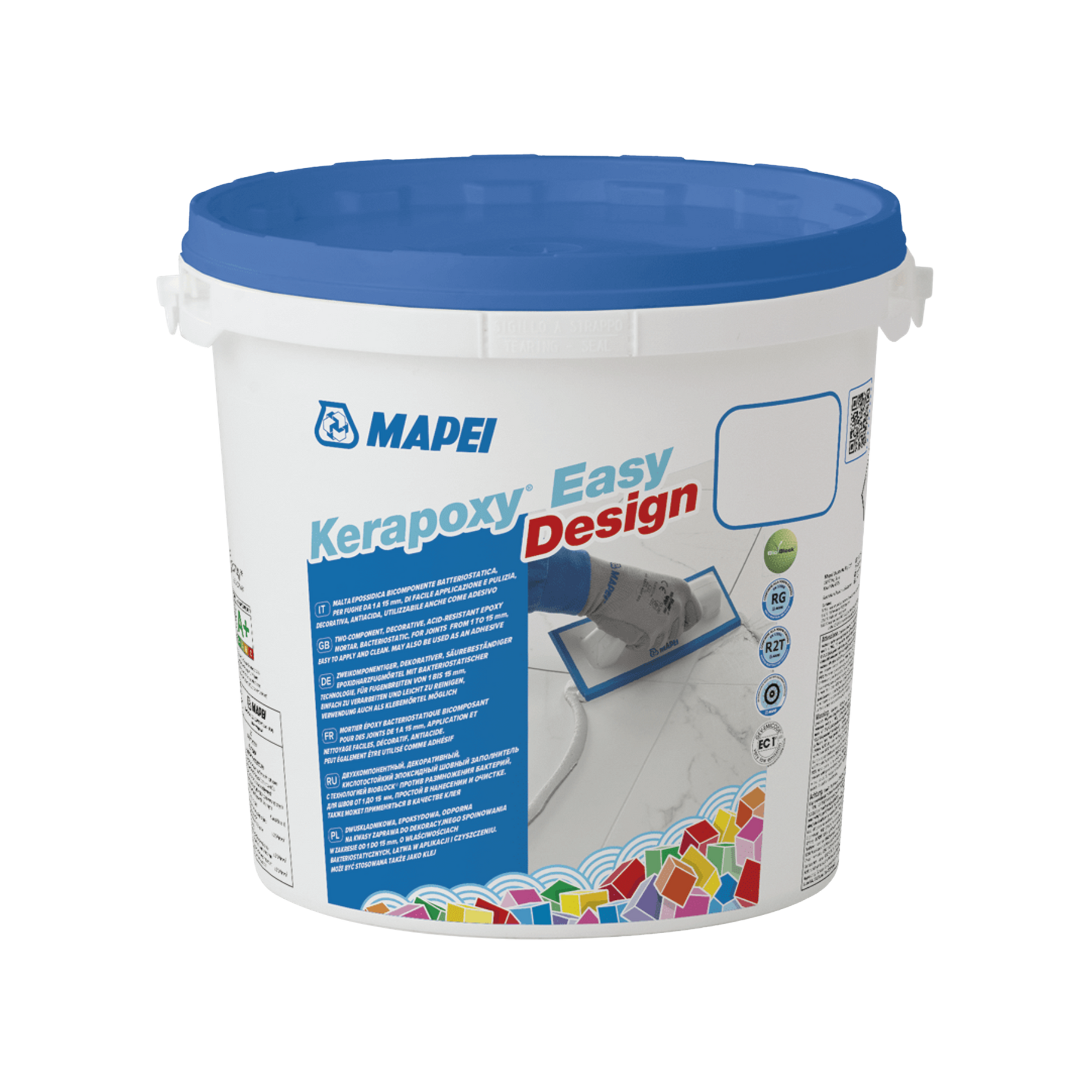 MAPEI Easy Kerapoxy Design epoxy grout bucket - white pail, blue lid, trowel on colorful tiles
