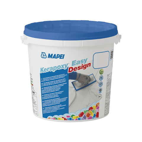 MAPEI Easy Kerapoxy Design epoxy grout bucket - white pail, blue lid, trowel on colorful tiles