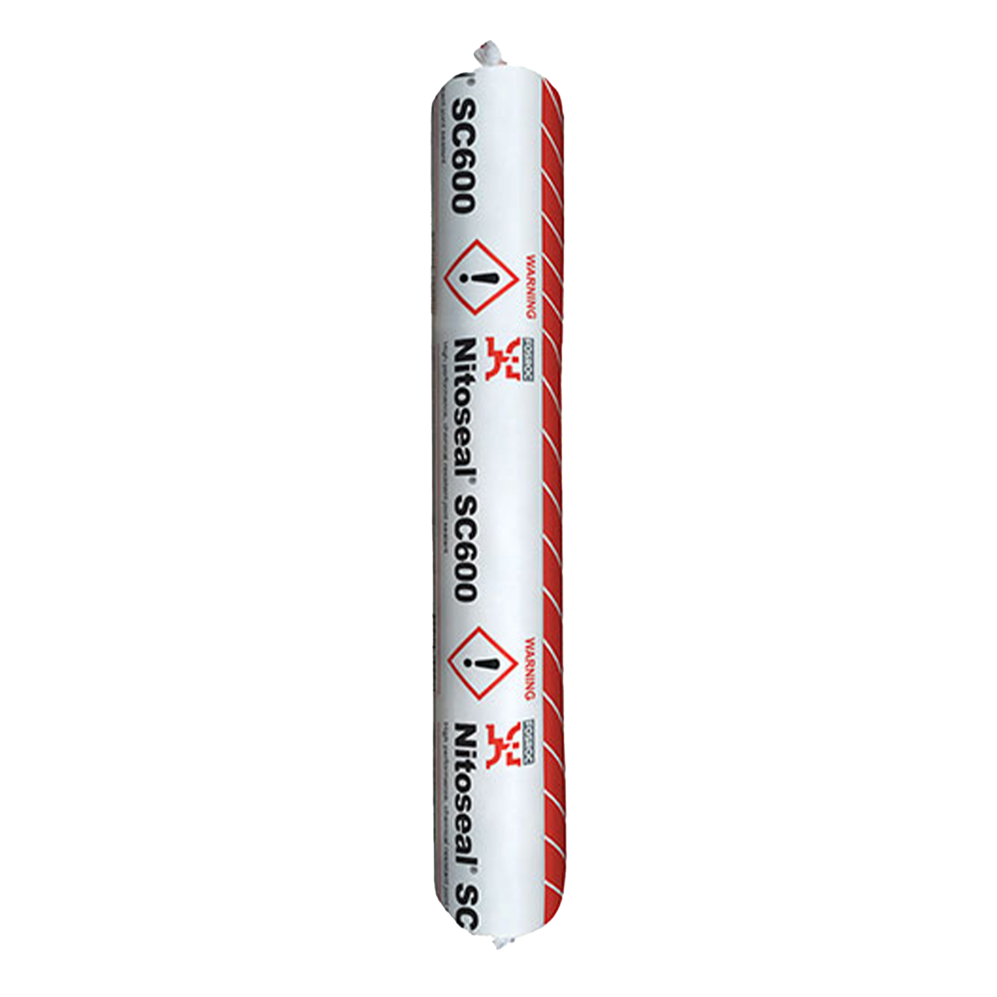 Nitoseal SC6000 sealant sausage tube, white with red stripes, hazard labels, professional hybrid polymer caulk