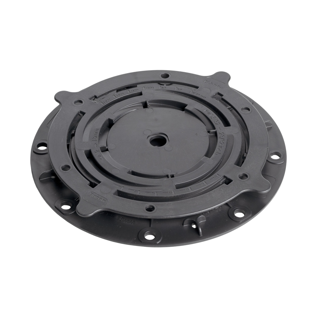 Gray round plastic umbrella base with central pole mount, mounting tabs, and screw holes for patio stability