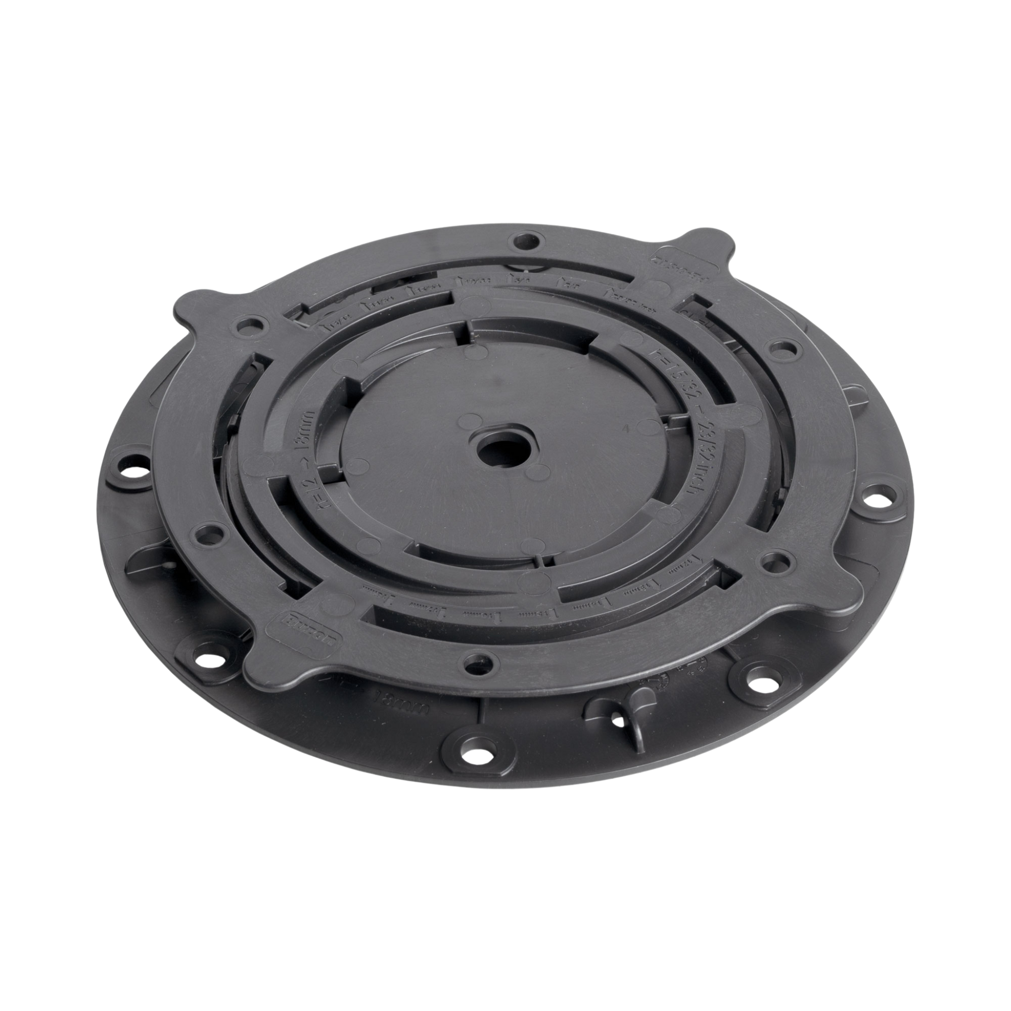 Gray round plastic umbrella base with central pole mount, mounting tabs, and screw holes for patio stability