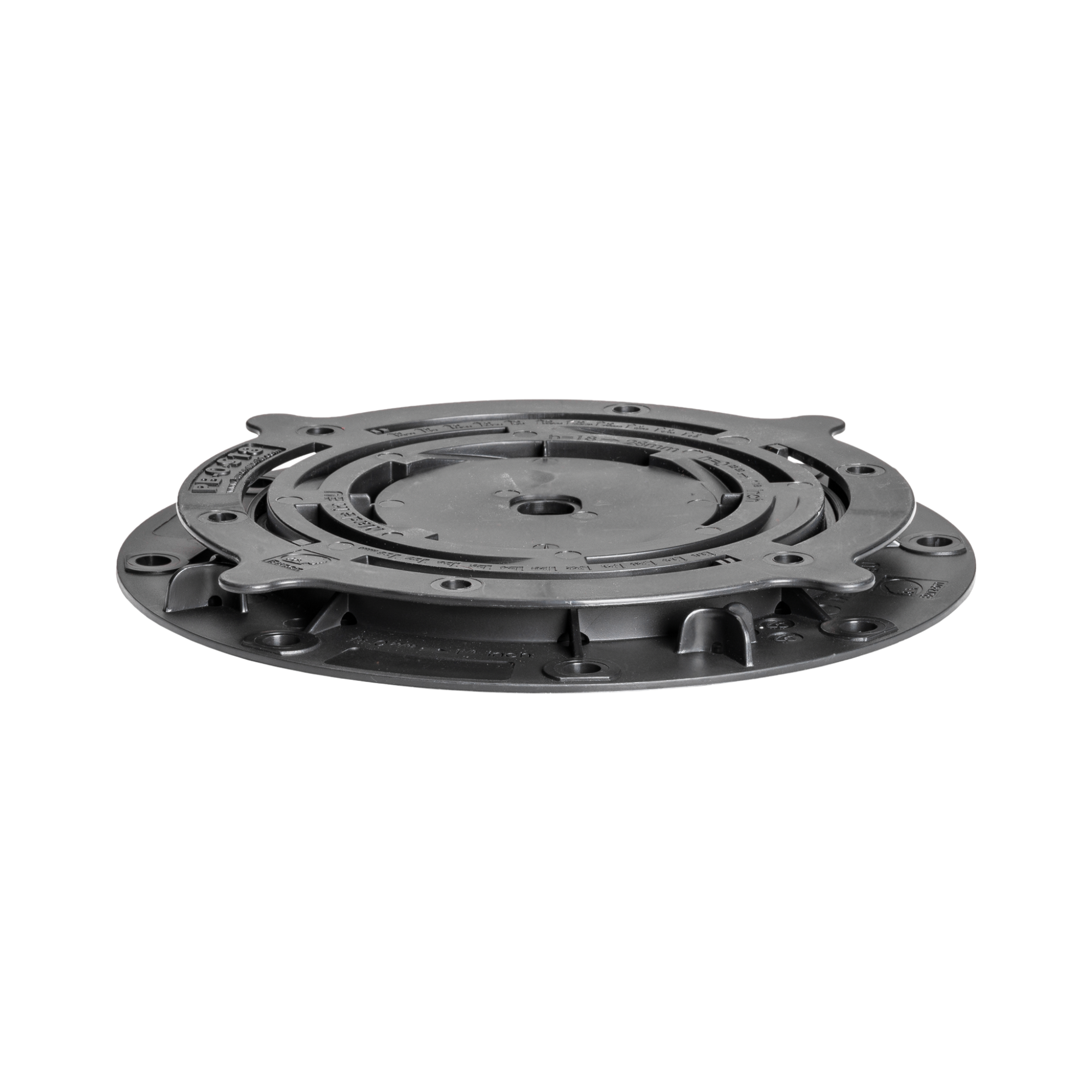 Heavy-duty gray swivel bearing plate with central hub, radial supports, and mounting holes for rotation.