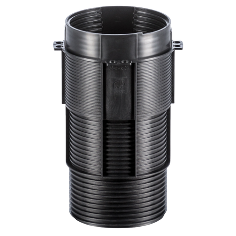 Black corrugated HDPE pipe coupler with side grips, ADS brand, split design for easy drainage pipe connection