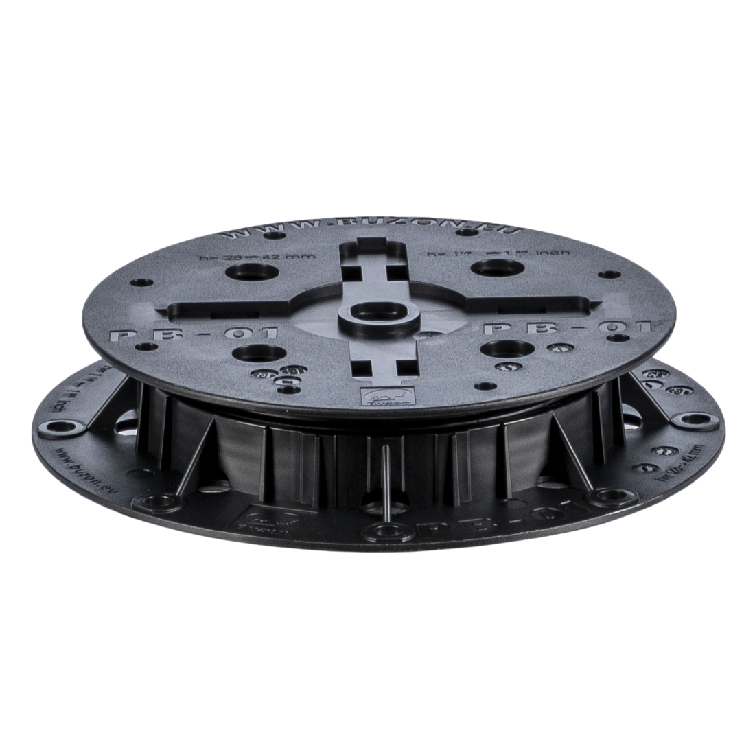 Black PB-01 adjustable decking pedestal base with cross supports, screw holes, round plastic design for raised floors