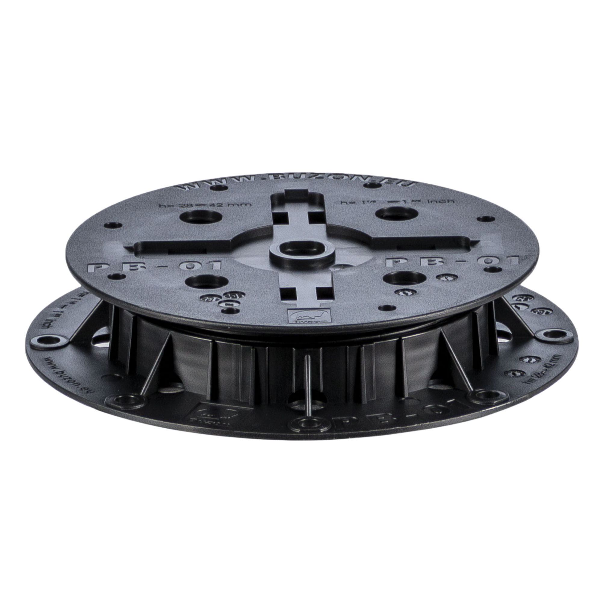Black PB-01 adjustable decking pedestal base with cross supports, screw holes, round plastic design for raised floors