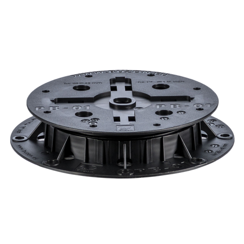 Black PB-01 adjustable decking pedestal base with cross supports, screw holes, round plastic design for raised floors