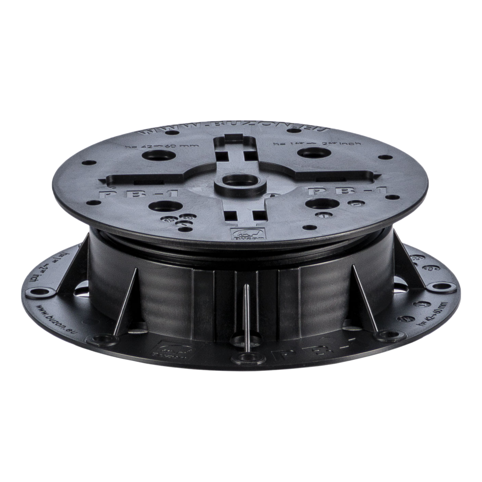 Black PB-1 plastic decking pedestal, fixed 43mm height, 180mm dia, slope adjustable base