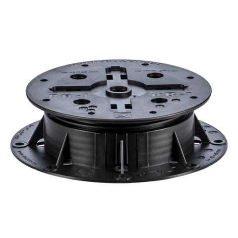 Black PB-1 plastic decking pedestal, fixed 43mm height, 180mm dia, slope adjustable base