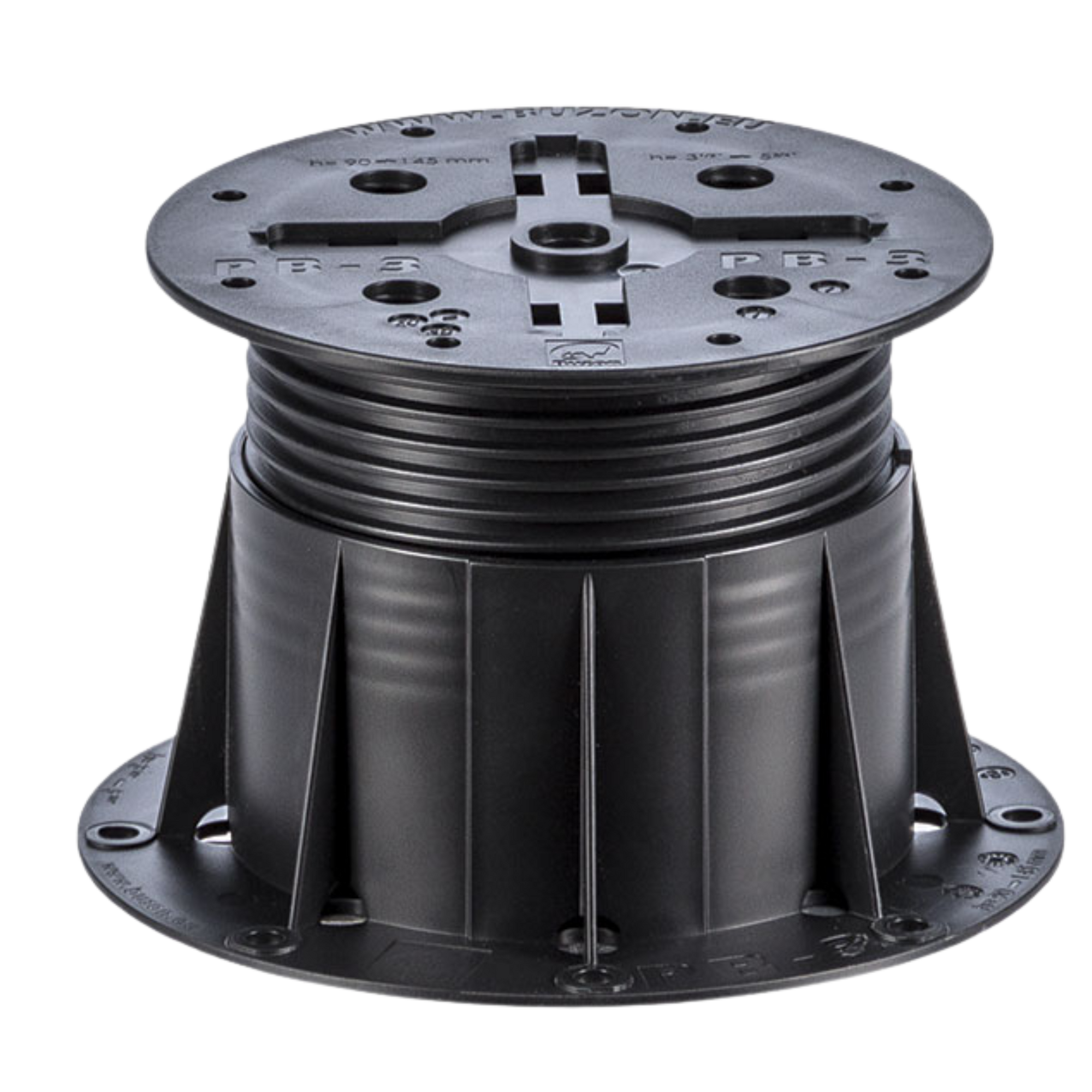 Black adjustable deck pedestal base, ribbed plastic support with central coupler, 10cm dia. for decking & pavers.