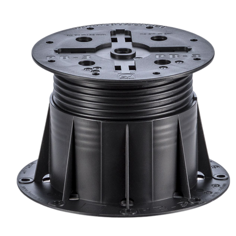 Black adjustable deck pedestal base, ribbed plastic support with central coupler, 10cm dia. for decking & pavers.