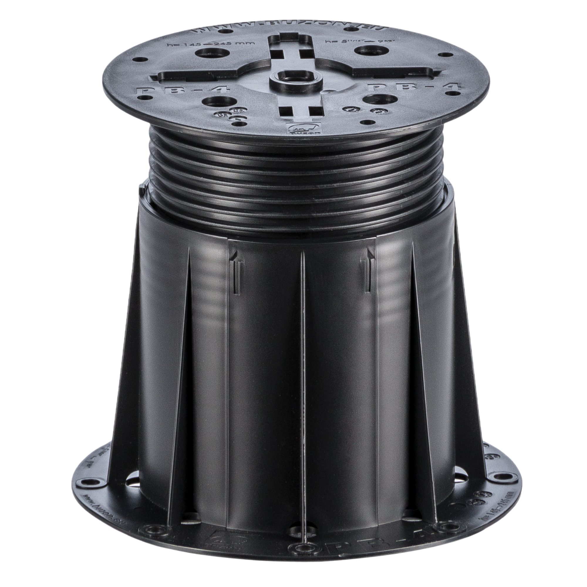 Adjustable black plastic deck pedestal with ribbed height adjustment, 146-148mm top plate, and stable base for raised floo...